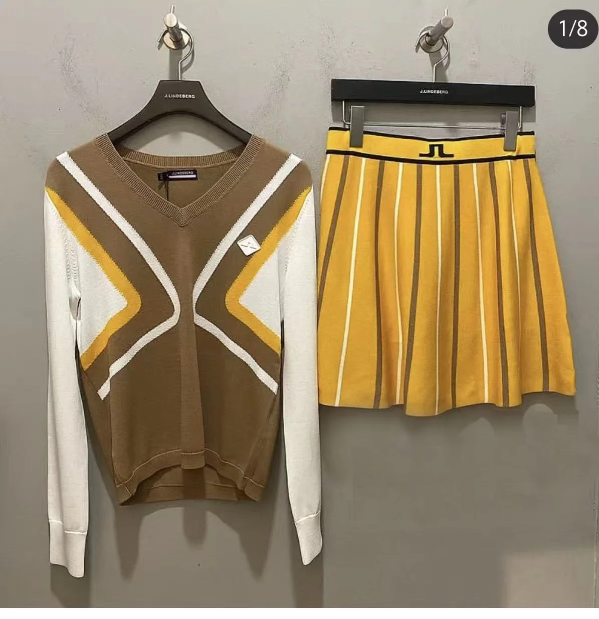 Women's Golf Shirt V-Neck Knit Long Sleeve Knitted Skirt Fashion A-Line Stripe Skirts