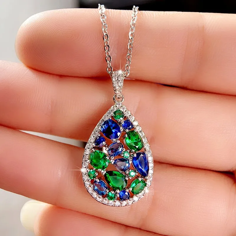 

New Trendy Blue/Green Cubic Zirconia Necklace for Women New Modern Fashion Design Luxury Female Wedding Party Neck Jewelry