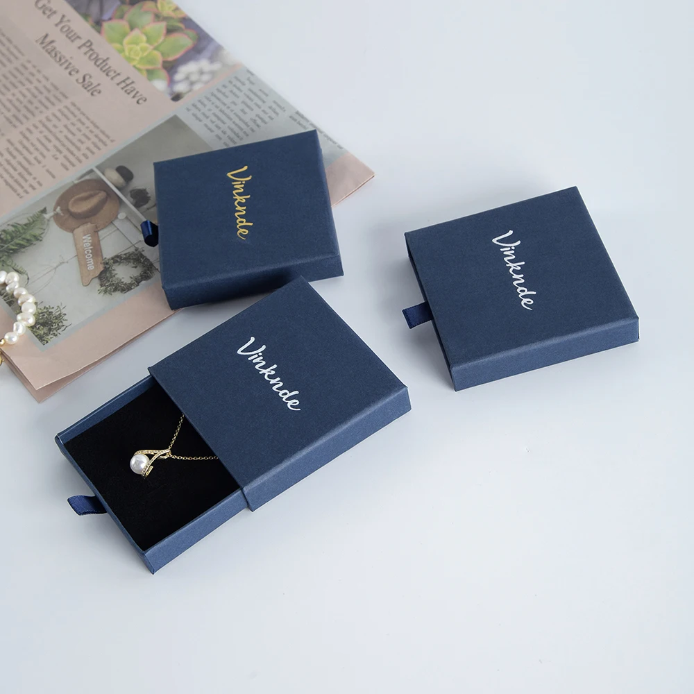 100pcs Custom Small Blue Paper Cardboard Ring Earrings Bracelet Drawer Packaging Jewelry Box Luxury Gift Boxes With Logo Printed