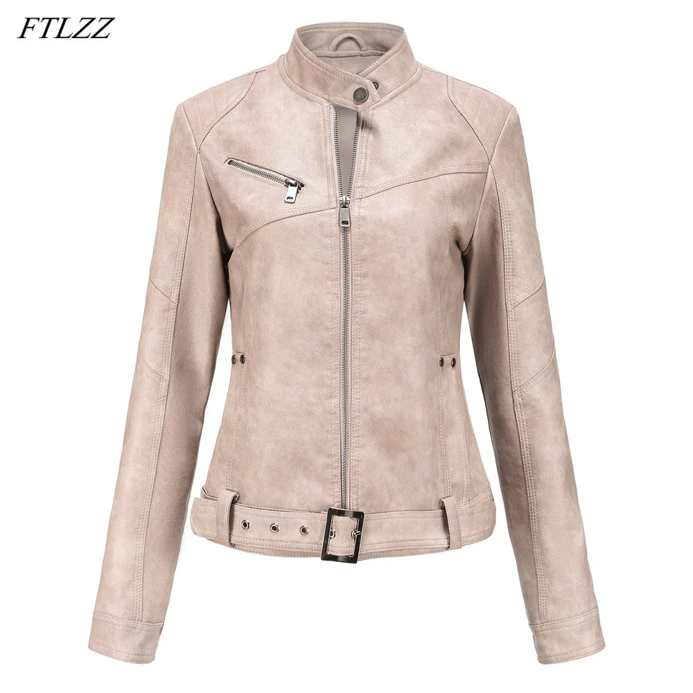 

FTLZZ Spring Autumn Pu Leather Short Jacket Women Oversize Slim Faux Leather Coat Punk Moto Bike Outwear Chic Female with Belt