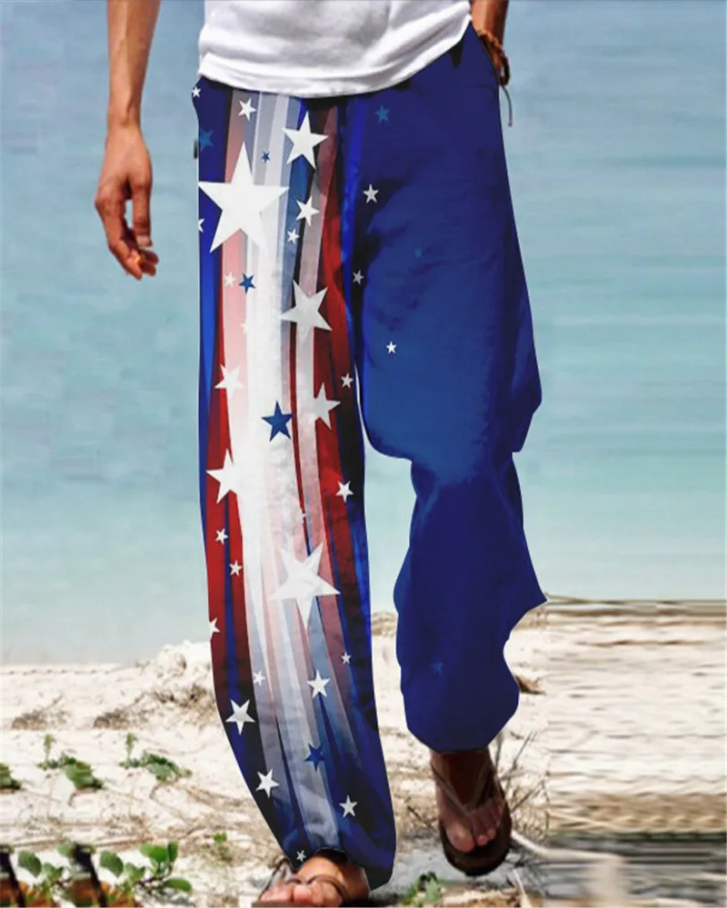 Spring Men's Casual Pants Daily Wear Flag 3D Full Length Soft Light Pants Mid Waist Pocket Drawstring Trousers Streetwear Bottom