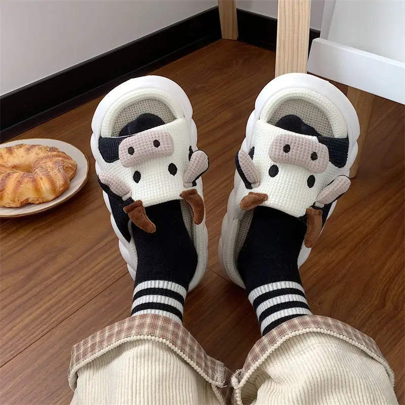 Cute slippers women cow linen slippers female summer Carrot Platform slippers indoor Outdoor slippers Four seasons home shoes