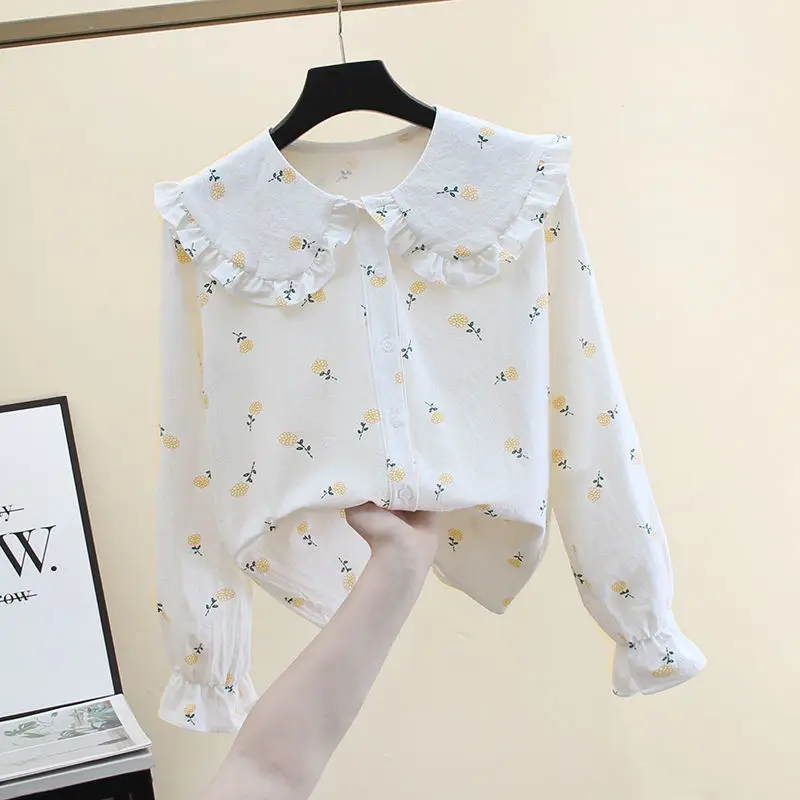 

2022 Autumn Women's Shirt Vintage Flower Print Peter Pan Collar Blouses Basic All-match Shirt Korean Style Sweet Tops Z98