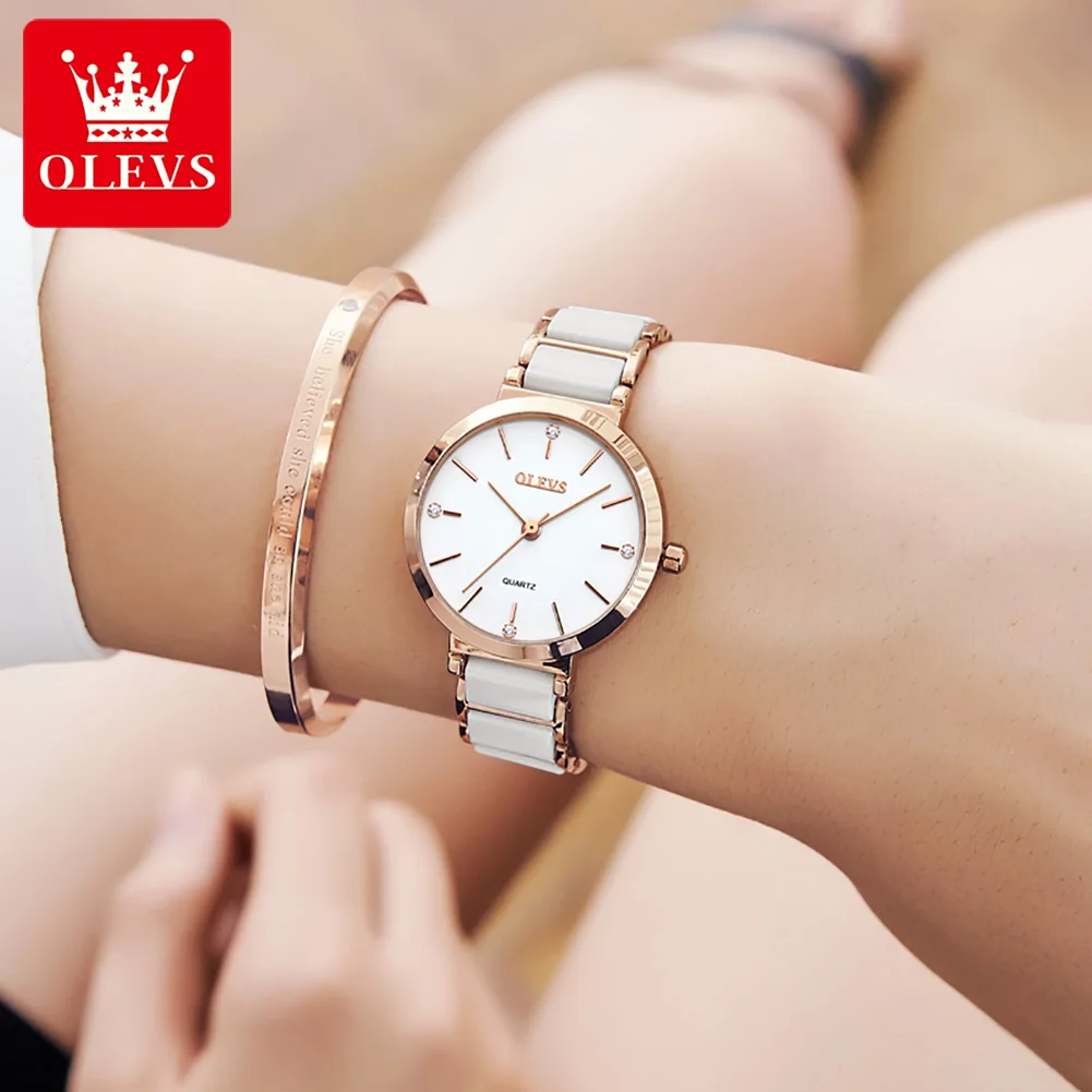 OLEVS Luxury Women Watch Fashion Ceramics Watchstrap Rose Gold Quartz Waterproof Luxury Brand Watch for Women Date Clock Gift enlarge