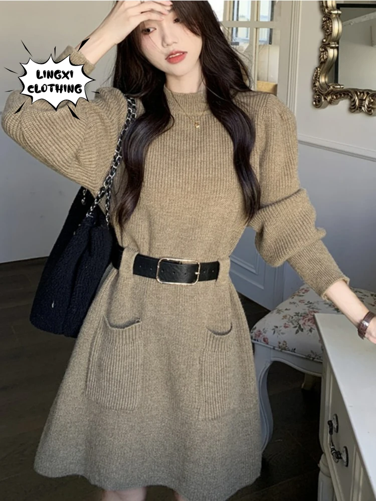 

Autumn Fashion Retro Style Knitted Dress with High Grade Underlay Sweater Matching Coat Medium Length Elegant Knitted Long Dress