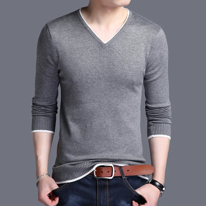 Spring Autumn Korean Mens Clothes Daily White Black Sweater Men Pullovers Fashion V Neck Knitted Pullovers Slim Fit Men Sweater