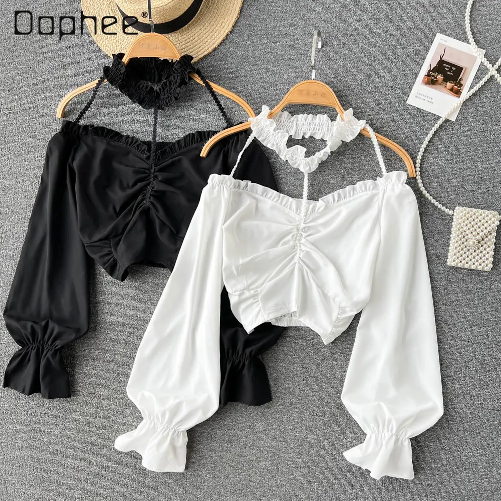 

Korean Style Retro Ladies Off-Shoulder Blouse Women Streetwear Sexy Slimming Waist Puff Sleeve Top Women's Halter Short Shirts