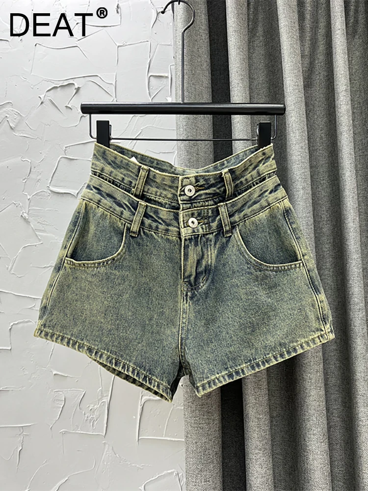 

Женские джинсовые шорты DEAT, двухслойные брюки составного кроя с высокой талией в стиле ретро, модные короткие брюки составного кроя синего ...
