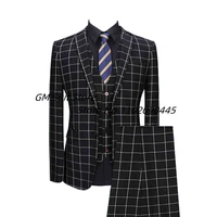 mens classic 3 piece suit plaid jacket sets slim fit business formal blazer vest pants