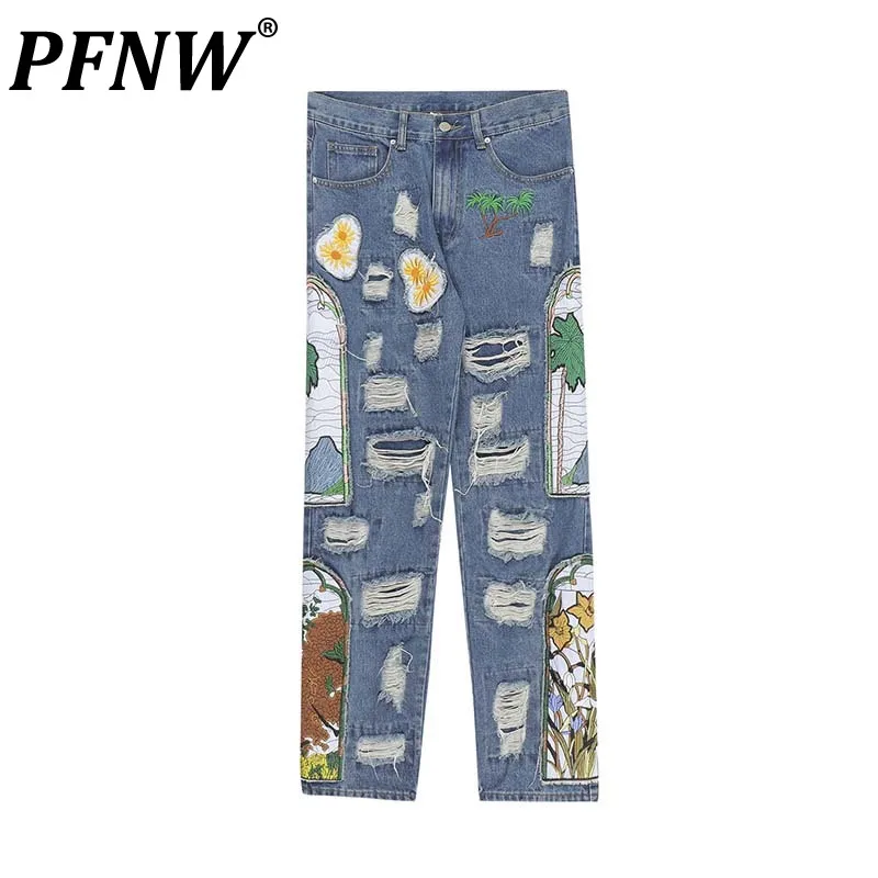 

PFNW Spring Autumn Men's High Street Patchwork Raw Edge Jeans Fashion Worn Out Printed Design Straight Anime Denim Pants 12A8051