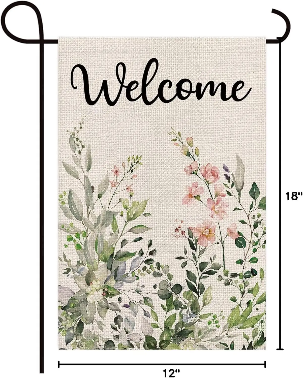 Фото Двусторонний вертикальный садовый флаг Texupday Welcome из мешковины с зелеными листьями эвкалипта и цветочным декором для весны и лета №3