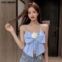 new autumn spring fashion temperament korea solid color sexy tanks camis wrapped chest blue crop top sweetheart top with bow
