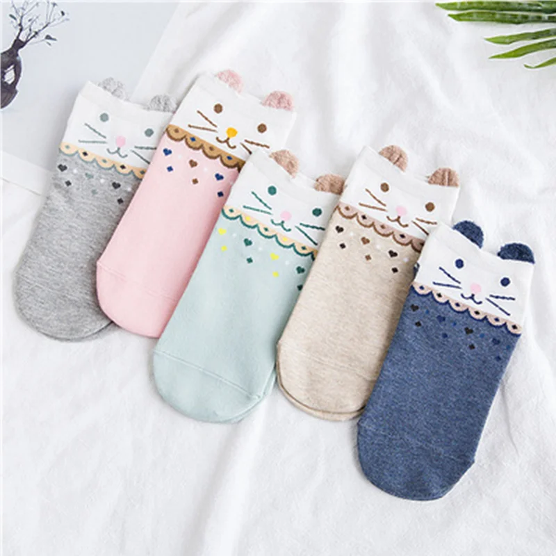 5 Pairs/lot NewWomen Cotton Socks Set Cute Cat Ankle Socks Kawaii Short Socks Casual Cartoon Animal Red Heart Gril Socks 34-40