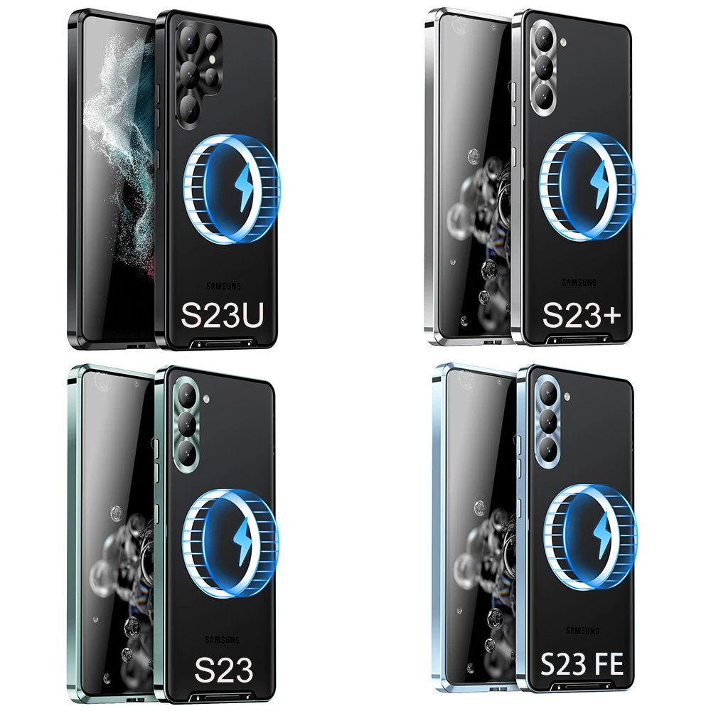 Metal Cover For Galaxy S23 Ultra Case FE S22 Plus Aluminum Frame Translucent Frosted Magnetic Core Back Built-in Lens Protector