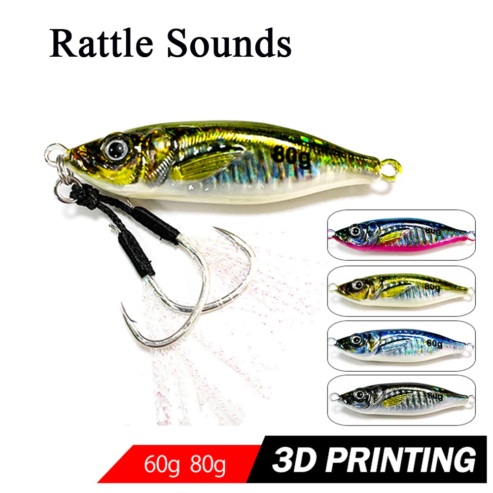 

60g 80g Saltwater Slow Sinking Metal Jig Shore Casting Spoon 3D Printing Rattle Bass Bait Artificial Sea Fishing Lure Hook
