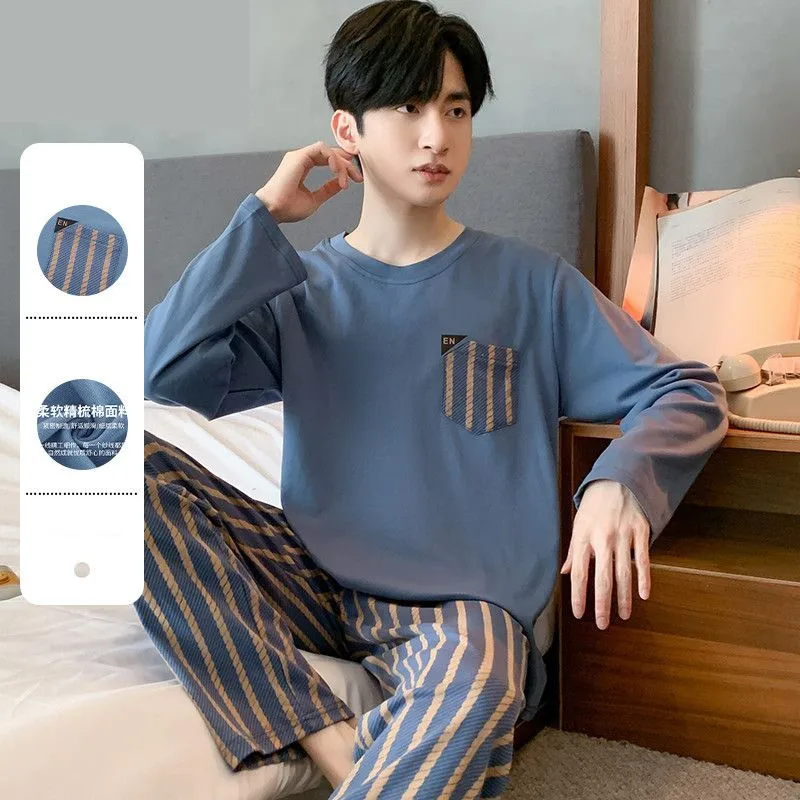 Men's Pajama Set 2023 Spring Autumn New Long Sleeve Striped Cotton Pyjamas Two Piece Korean Elegant Loose Sleepwear Home Clothes