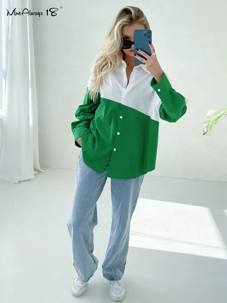 

Mnealways18 Fashion Patchwork Shirts Women Long Sleeves Lapel Ladies Blouse Splicing White And Green Single-Breasted Streetwear