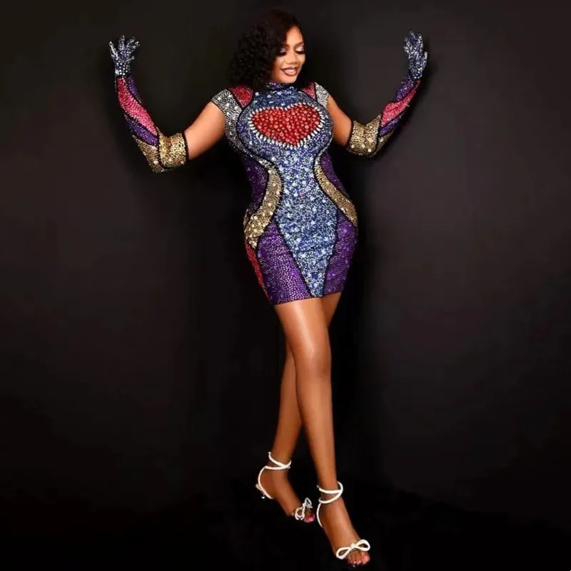 

Роскошное красочное облегающее короткое платье стразы перчатки одежда для выступлений Женская одежда для выпускного вечера дня рождения п...