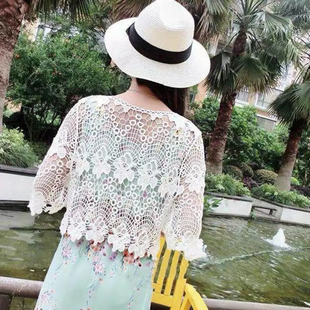 

Lace Cover Up Blouse Floral Lace Hollow Out Pullover Tops Elegant O-neck Jacquard Cover Up with Half Sleeves Loose Fit for Women