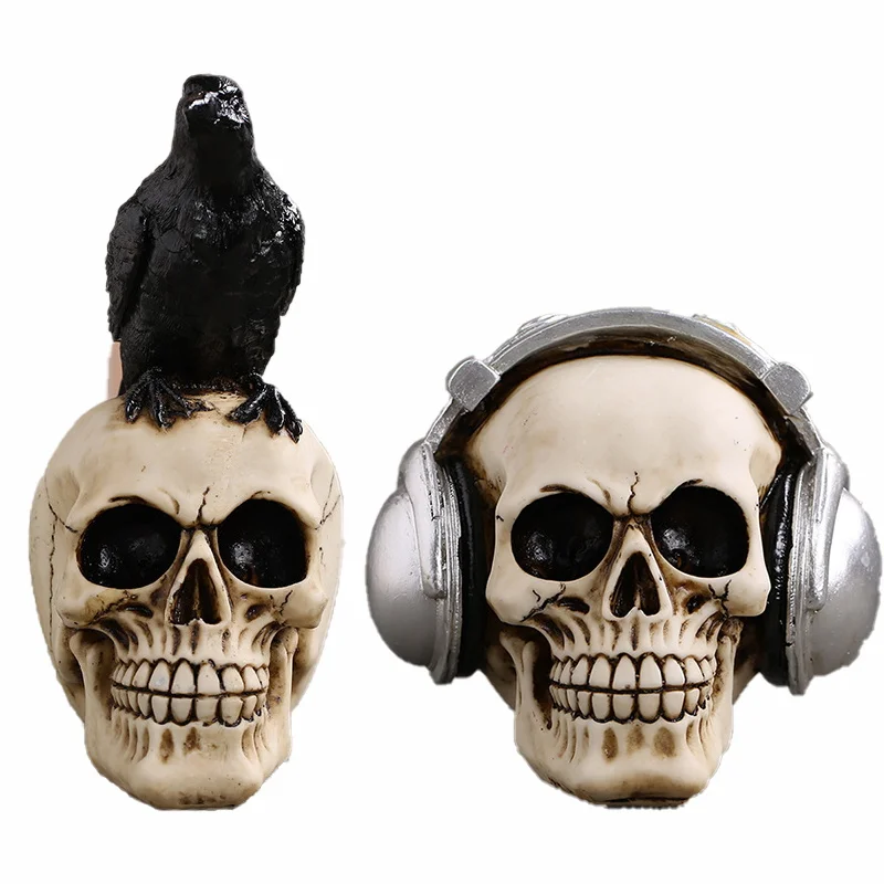 

Resin Craft Skull Head Statue Halloween Party Decoration Skull Sculpture Creative Crow, headphone skull Home Decor Accessories