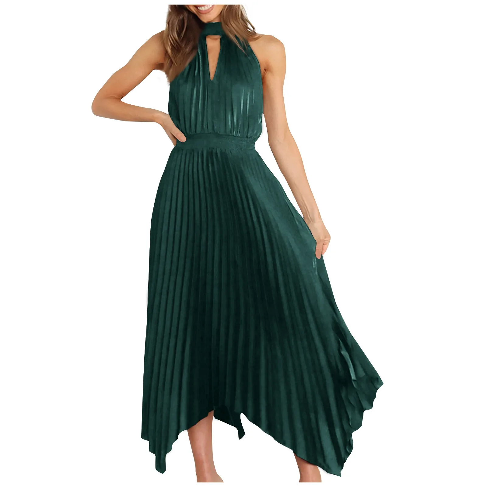 

Ladies Young Dress Fashion Slim Pleated Sleeveless Backless V-Neck Tunic Summer Long Dress With Irregular Bottom Hem Vestidos