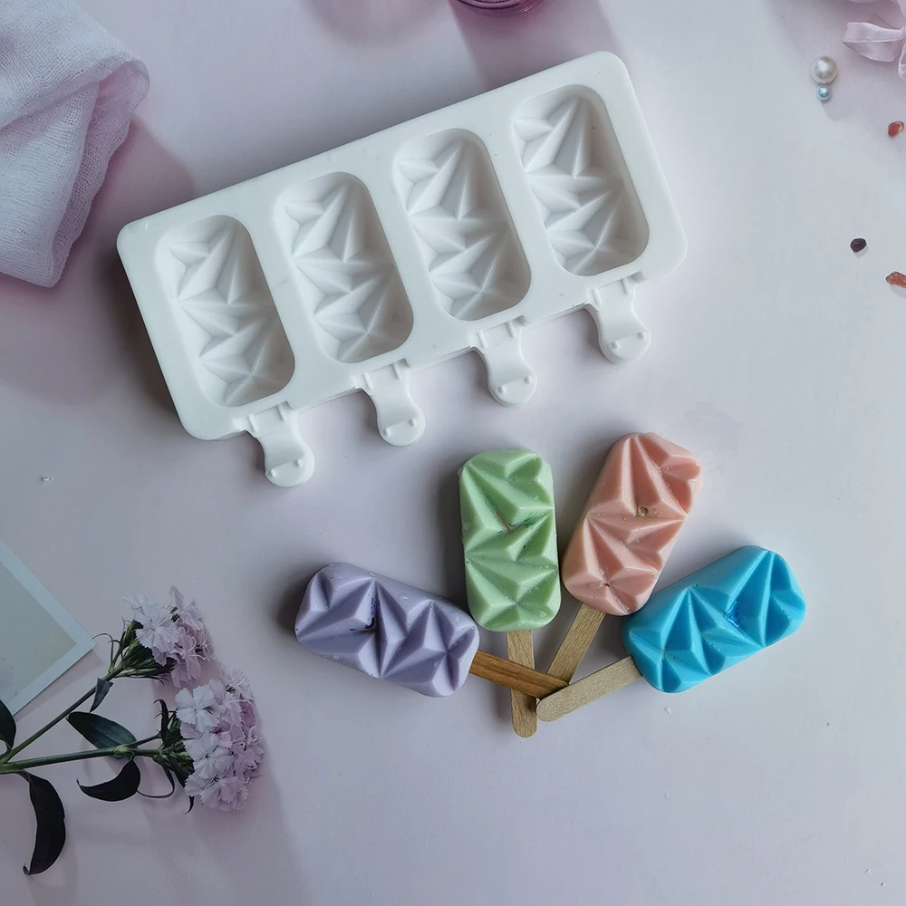 

Silicone Ice Cream Mold DIY Homemade Popsicle Moulds Freezer 4 Cell Diamond Ice Cube Tray Popsicle Barrel Makers Baking Tools