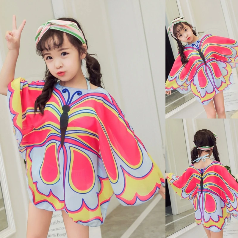 

M5TC 1-14 Years Butterfly Print Kids Baby Girl Long Sleeve Bikini Three-piece Suit Swimwear Swimsuit Beachwear Sets