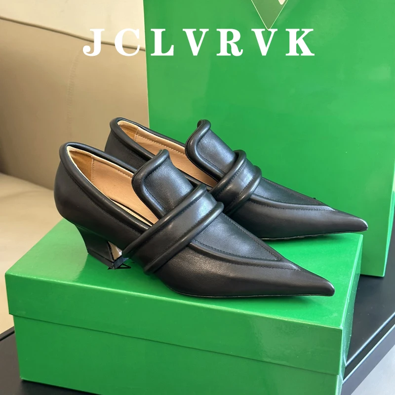 

JCLVRVK Runway Chunky Heel Pointed Toe Pumps Women Genuine Leather Deep Mouth Single Shoes Ladies Spring Elegant Party Banquet