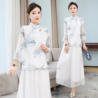 2022 chinese vintage women qipao blouse ancient cheongsam chiffon tops oriental crane print chiffon blouse oriental tang suit