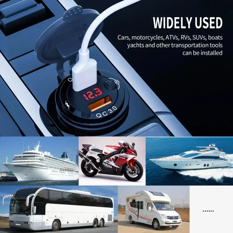 

Dual USB Charger QC3.0 Car Charger Digital Display Voltage Car Aluminum 3.4A Super Fast Charger With Mechanical Switch