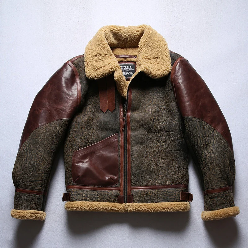 

Bomber New B3 Thick Shearling Wool Original Ecological Fur Brown vintage Male Warm Genuine Sheepskin Coats Flight Jackets