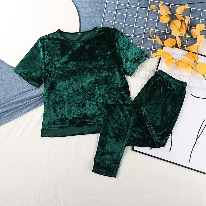 Women Velvet Pajamas Set Elegant Glossy Velour Nightwear Short Sleeve Top and Long Pants Ladies Homewear Loungewear