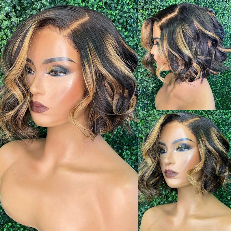 

Highlight Human Hair Lace Front Wig Wavy Short Bob Human Hair Wig Brown Blonde Highlight Brazilian Lace Closure Wig For Women