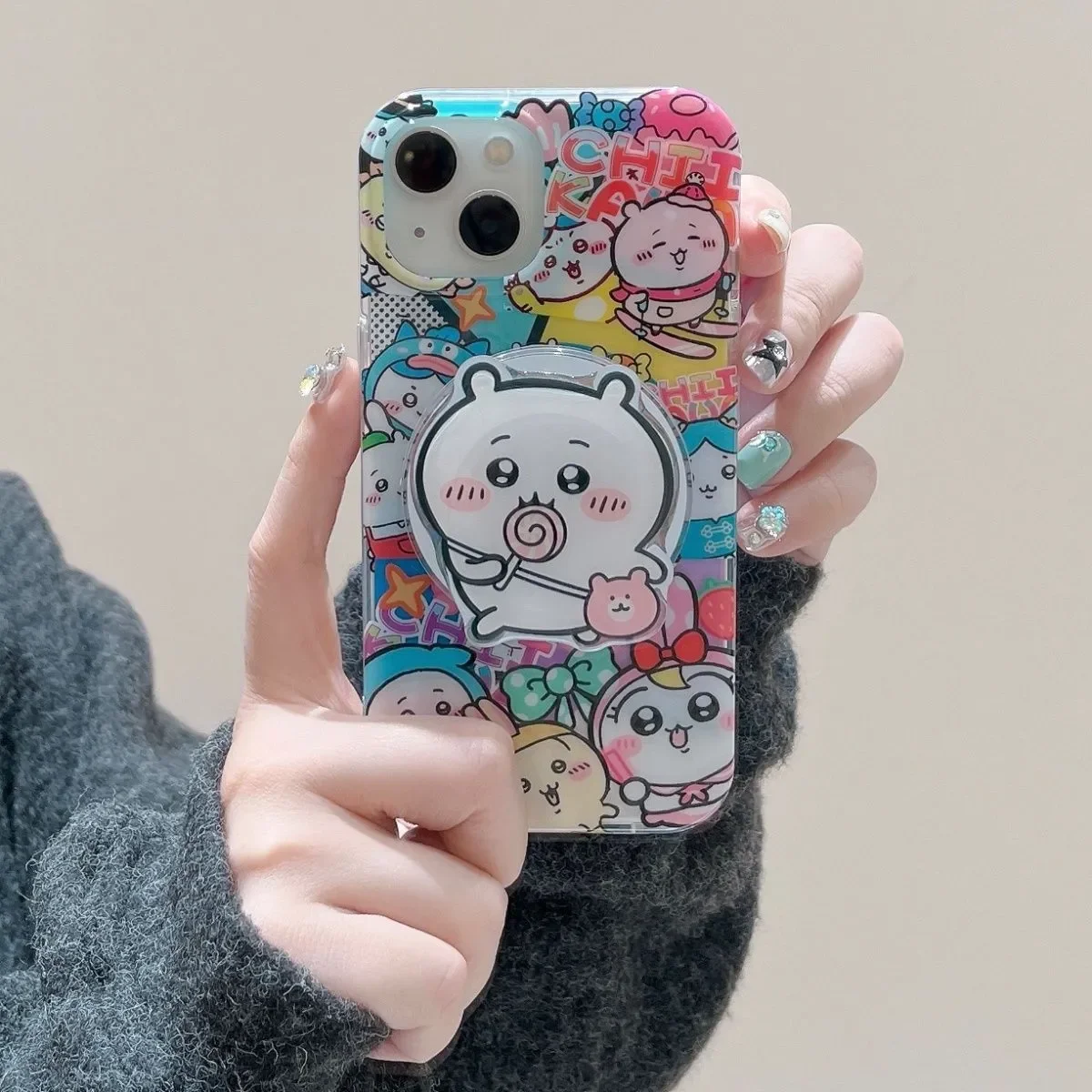 Полноэкранный чехол Chiikawa с цветным кавайным милым ремешком для iPhone 16 15 14 12 13 11 Pro Max