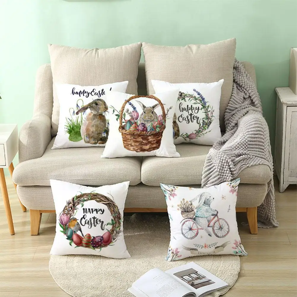 

Happy Easter Words Pillows Case Cute Rabbit Cushion Cover Wreath Printed Throw Pillowcase for Home Sofa Window Seat Decorat N1N8