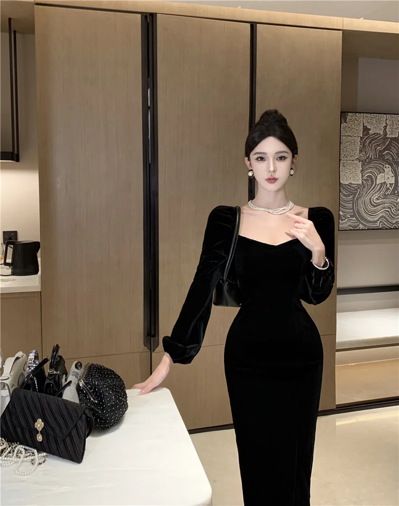 Черное бархатное платье с длинными рукавами в стиле ретро Hepburn Sle женское