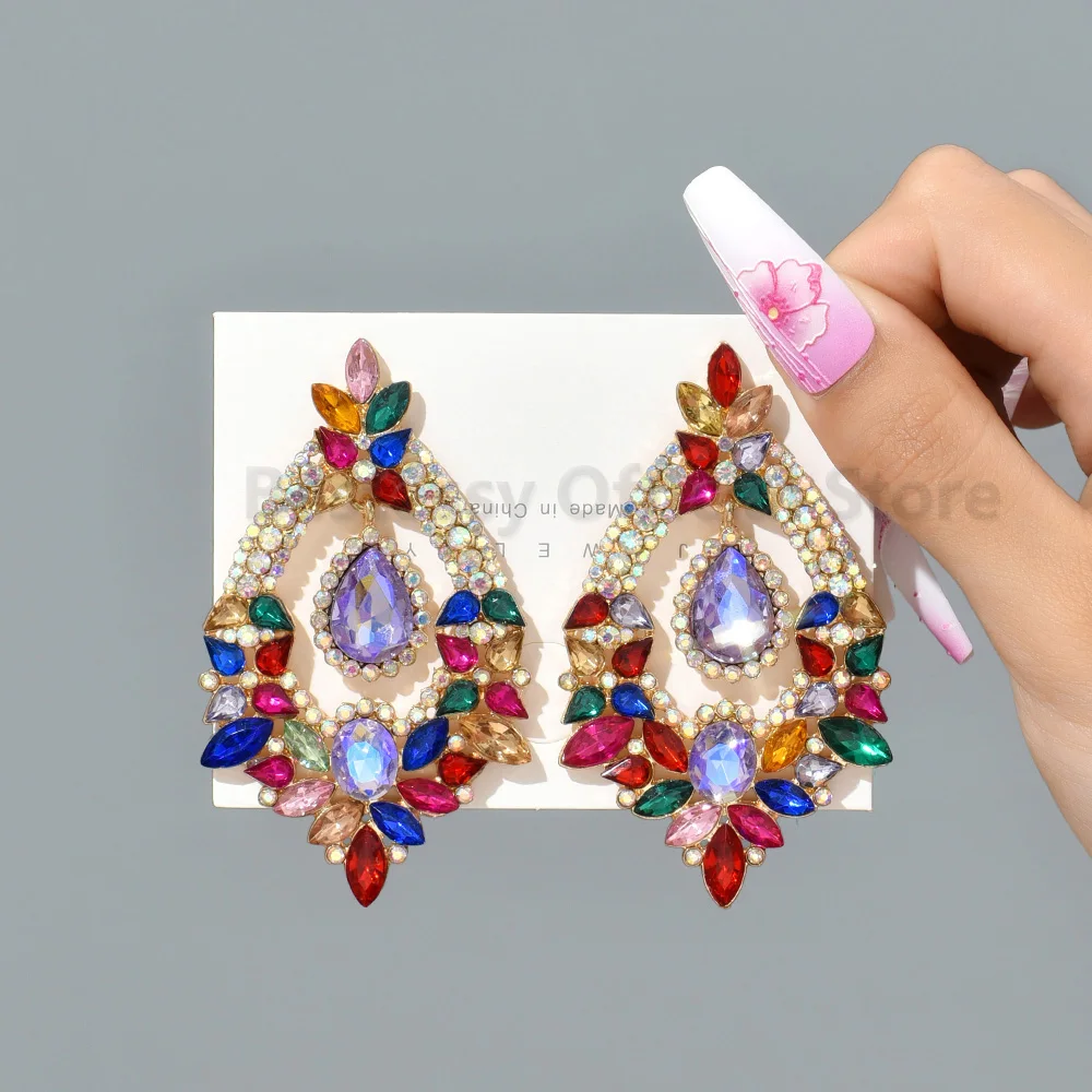 

New Colorful Rhinestone Earrings Fashion Water Drop Hollow Pendant Women Luxury Design Jewelry Wedding Anniversary Romantic Gift