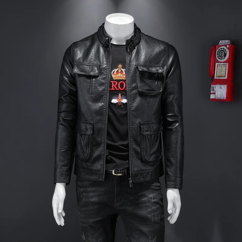 Autumn Winter Stand-up Collar PU Jacket Men's Motorcycle High-end Slim Leather Jacket Trendy Men Imitation Leather Handsome Coat