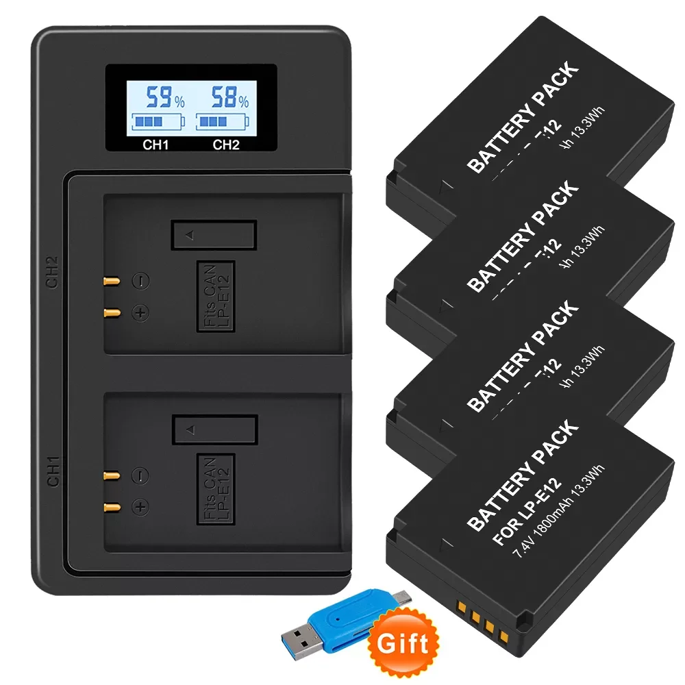 

1-4pcs 1800mAh LP-E12 LPE12 LP E12 Camera Battery AKKU + LCD USB Charger for Canon M 100D Kiss X7 Rebel SL1 EOS M10 EOS M50 DSLR