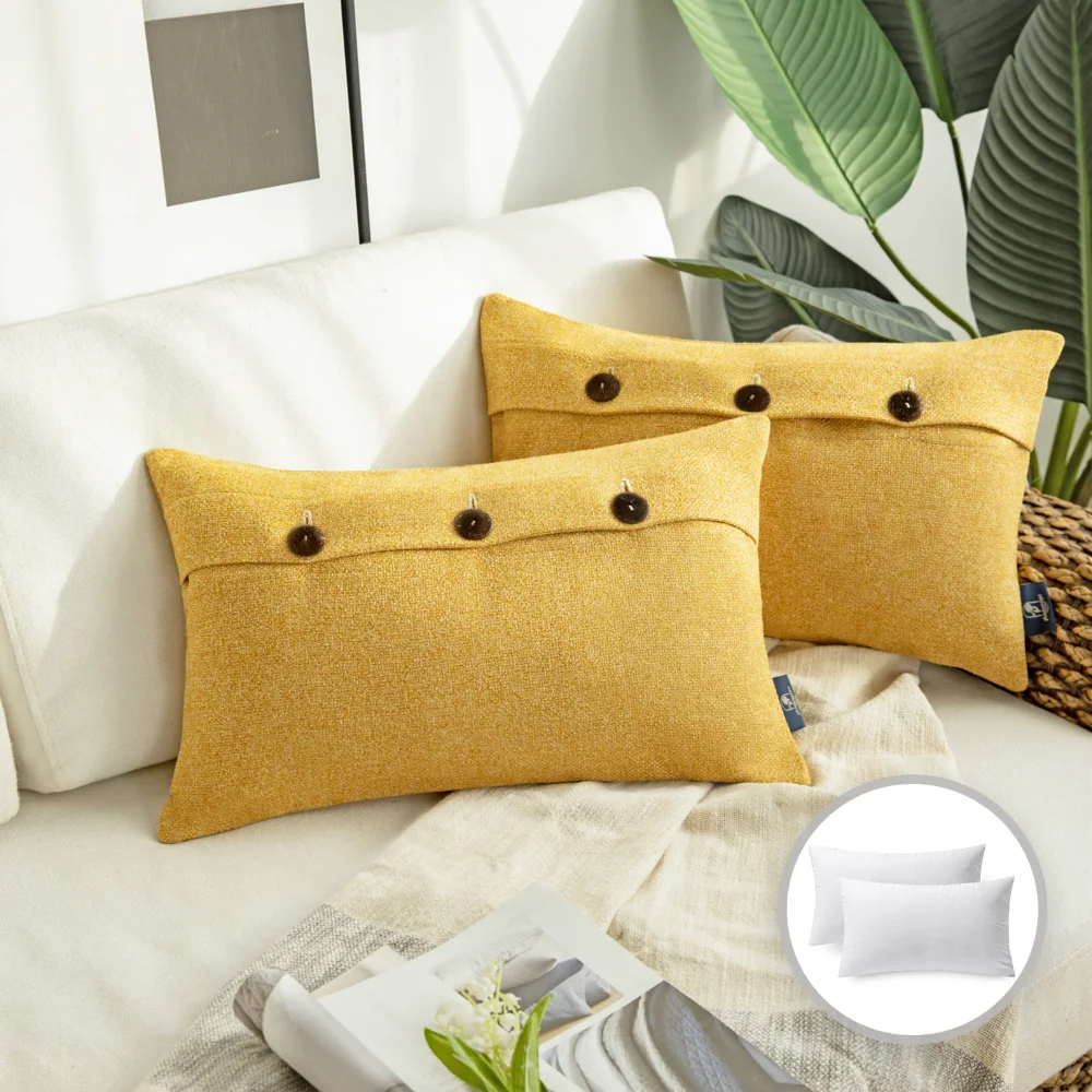 

Cotton Blend Series Farmhouse Square Decorative Throw Pillow Cusion for Couch, 12" X 20", Yellow, 2 Pack, Soft and Comfortable