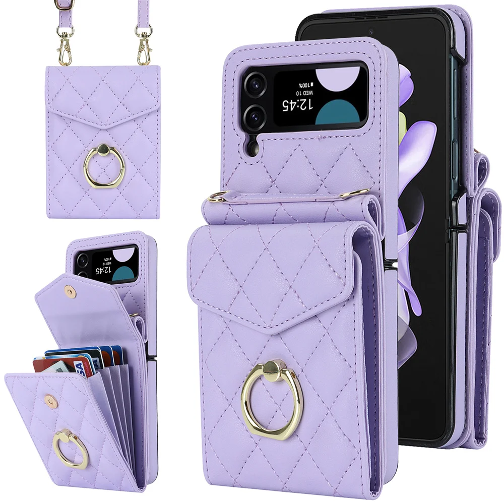 

For Samsung Galaxy Z Flip 4 3 Flip4 Flip3 5G Crossbody Case Ring Stand RFID Blocking Organ Card Holder Lanyard Leather Cover