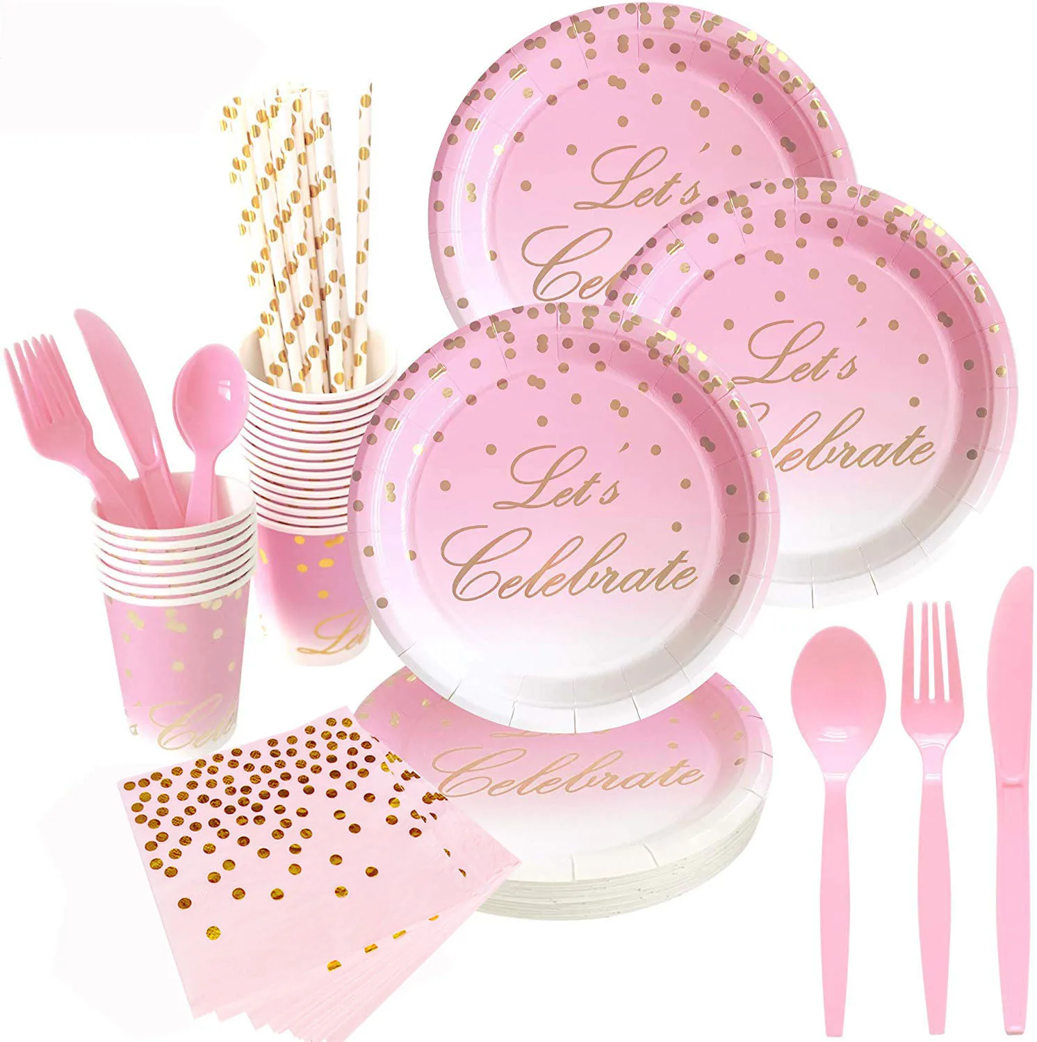 

CHEEREVEAL Gold Pink Disposable Tableware Set Paper Plate Cup Tissue Baby Shower Birthday Anniversary Party Decoration Supplies
