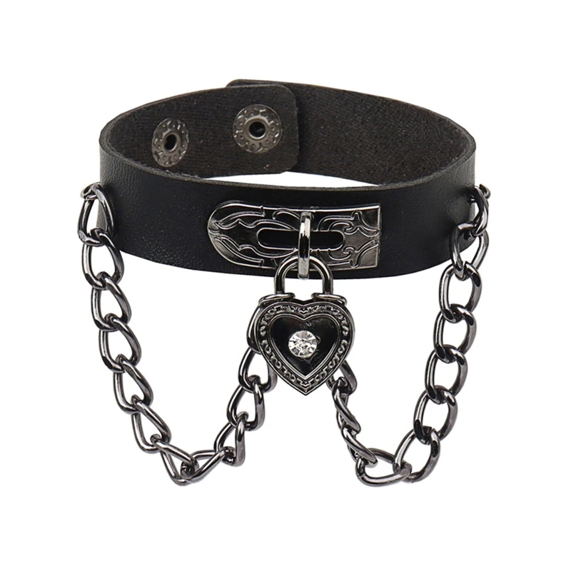 

Leather Bracelet Punk Bracelet Adjustable Goth Cuff Bracelet Gothic Buckle Wristband for Men Women Heart Chain Wristband T8NB