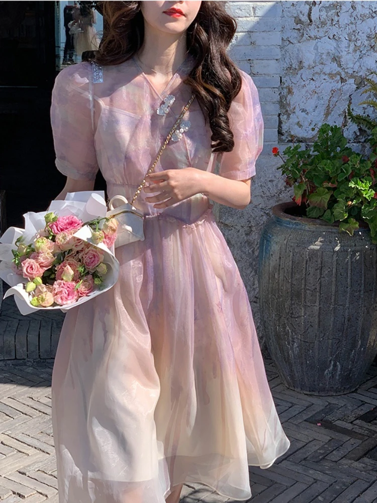 

2022 Summer French Vintage Midi Dress Feamle Design Elegant One Piece Dress Korean Sweet Fairy Retro Party Dress Women Outwear