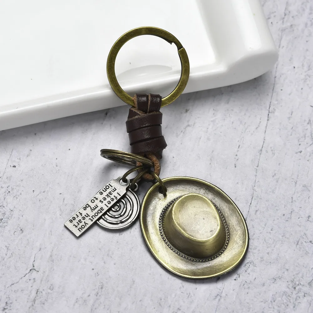 Vintage Cowboy hat cowhide key chain creative small gift hand woven car key pendant accessories
