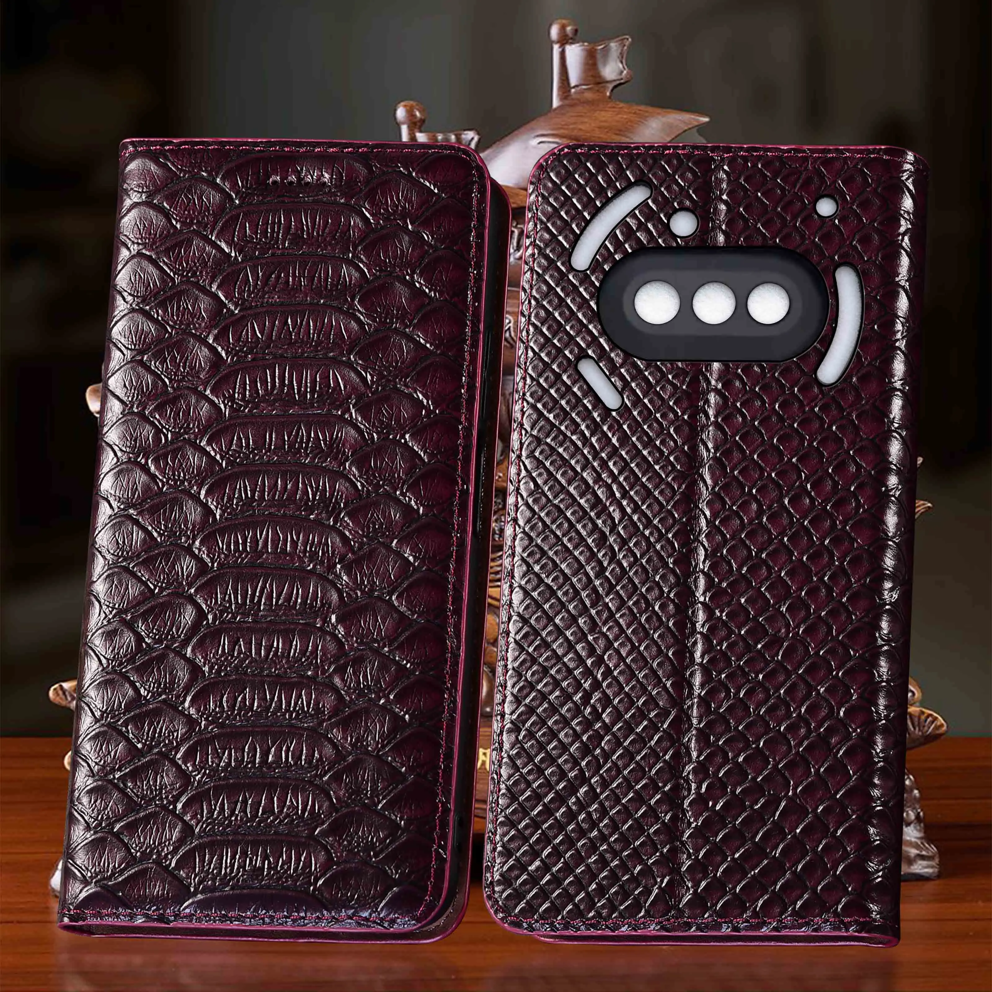 Фото Чехол-книжка из натуральной кожи с узором Python для Nothing CMF Phone 1 2 2A 3 3A 4A Pro Plus, из воловьей кожи, устойчивый к царапинам №1