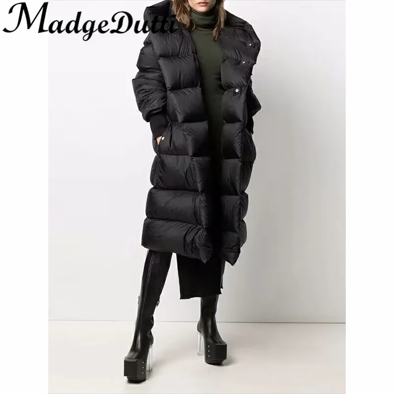 

11.16 MadgeDutti Fashion Hooded Covered Button Thick Keep Warm Black Long Down Coat Women
