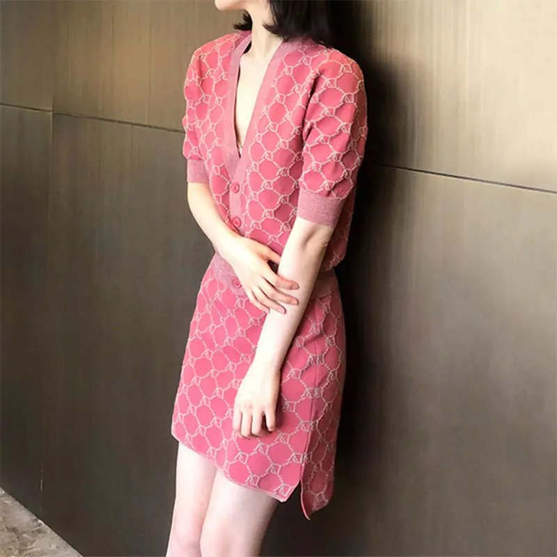 

Women V-neck Long Sleeve Cardigans and Mid Skirt Two Piece Suits Female Elegant Two Piece Set Ladies Print Skirts Suits G248