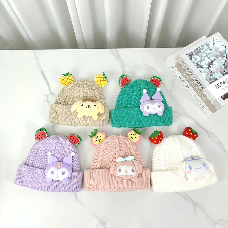 

Кавайная детская шапка Sanrio Cinnamoroll Kuromi моя мелодия милые аниме уличные игрушки для детей фрукты вязаный теплый пуловер шляпа Ins подарок для девочек