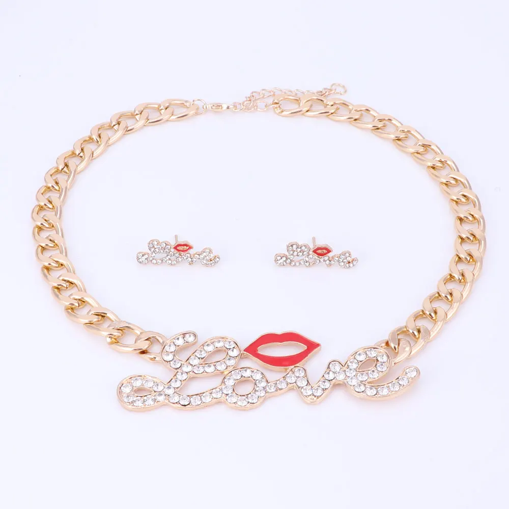 Women Accessories Jewelry Sets Cute Red Lips LOVE Big Letter Pendant Gold Color Necklace Errings Set |